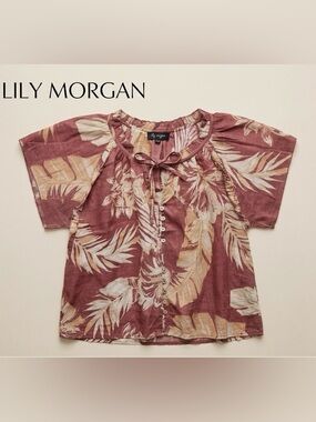 Lily Morgan Tropical Palm Blouse Womens 2X‎ Burgundy Boho Ruffle Tie Neck